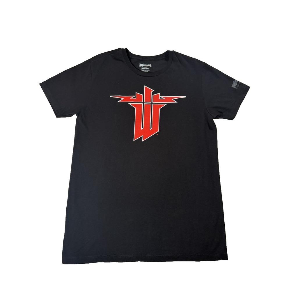 Official Wolfenstein II Red Logo Black Crew Neck T-Shirt Sz L Gamer Merchandise